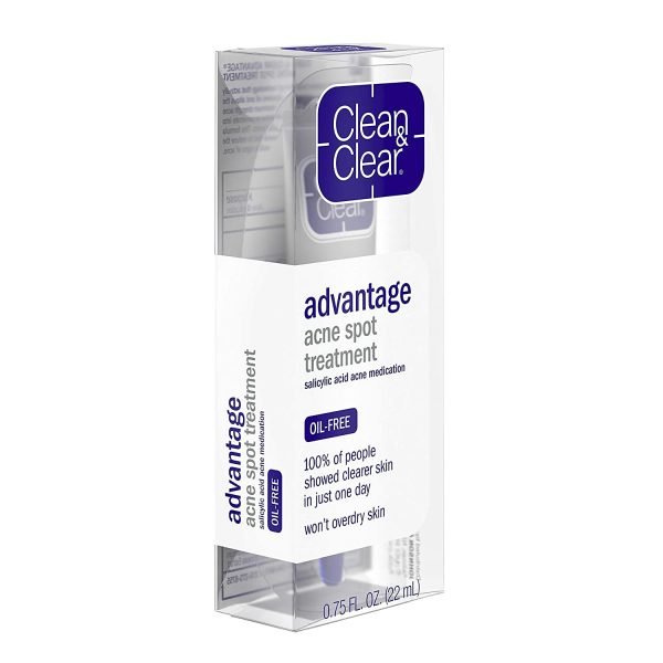 71B88lbm2RL. SL1500 1 <p class="a-spacing-base">Clean & Clear advantage Acne Spot Treatment is shown to reduce and treat pimples in just 4 hours. The second you put it on, the powerful gel with breakthrough technology starts to dissolve surface oil on the skin. With oil out of the way the clinically proven acne treatment medicine can then penetrate and clean pores. The medication starts to clear pimples immediately, with maximum strength 2% Salicylic acid. Pimples are reduced in size, swelling and redness, and the formula won’t over-dry your skin. Voila! Pimple looks better. Now get out there and have some fun.</p> <p class="a-spacing-base">Skin Type Oily, Normal, Combination.</p>