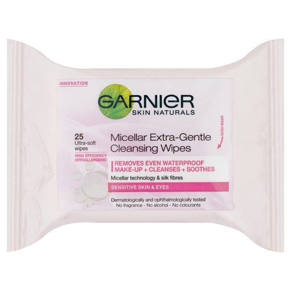 81rXOCW0EL. SL1500 1 New Garnier Micellar Extra-Gentle Cleansing Wipes contain thin silk fibres in a thick, soft wipe. Soaked with Micellar water, they are specially formulated for make-up removal on sensitive skin. Like a magnet, the cleansing agents capture impurities and lift away dirt from the skin. No need to rub to efficiently remove make-up.
