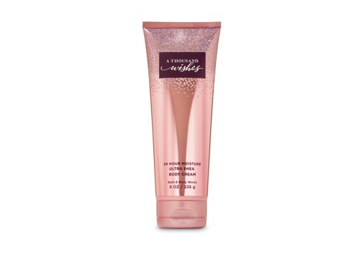 A THOUSAND WISHES BODY CREAM 1 <table class="a-normal a-spacing-micro"> <tbody> <tr class="a-spacing-small"> <td class="a-span3"><span class="a-size-base a-text-bold">Ingredients</span></td> <td class="a-span9"><span class="a-size-base">Shea butter</span></td> </tr> <tr class="a-spacing-small"> <td class="a-span3"><span class="a-size-base a-text-bold">Item Form</span></td> <td class="a-span9"><span class="a-size-base">Cream</span></td> </tr> <tr class="a-spacing-small"> <td class="a-span3"><span class="a-size-base a-text-bold">Brand</span></td> <td class="a-span9"><span class="a-size-base">Bath & Body Works</span></td> </tr> <tr class="a-spacing-small"> <td class="a-span3"><span class="a-size-base a-text-bold">Skin Type</span></td> <td class="a-span9"><span class="a-size-base">All</span></td> </tr> <tr class="a-spacing-small"> <td class="a-span3"><span class="a-size-base a-text-bold">Item Weight</span></td> <td class="a-span9"><span class="a-size-base">0.58 Pounds</span></td> </tr> </tbody> </table>