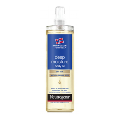 Capture replace5 1 Neutrogena Norwegian Formula Deep Moisture Body Oil. A daily body oil that forms a silky barrier to lock in moisture. This unique formula enriched with natural sesame oil is especially beneficial to dry skin.